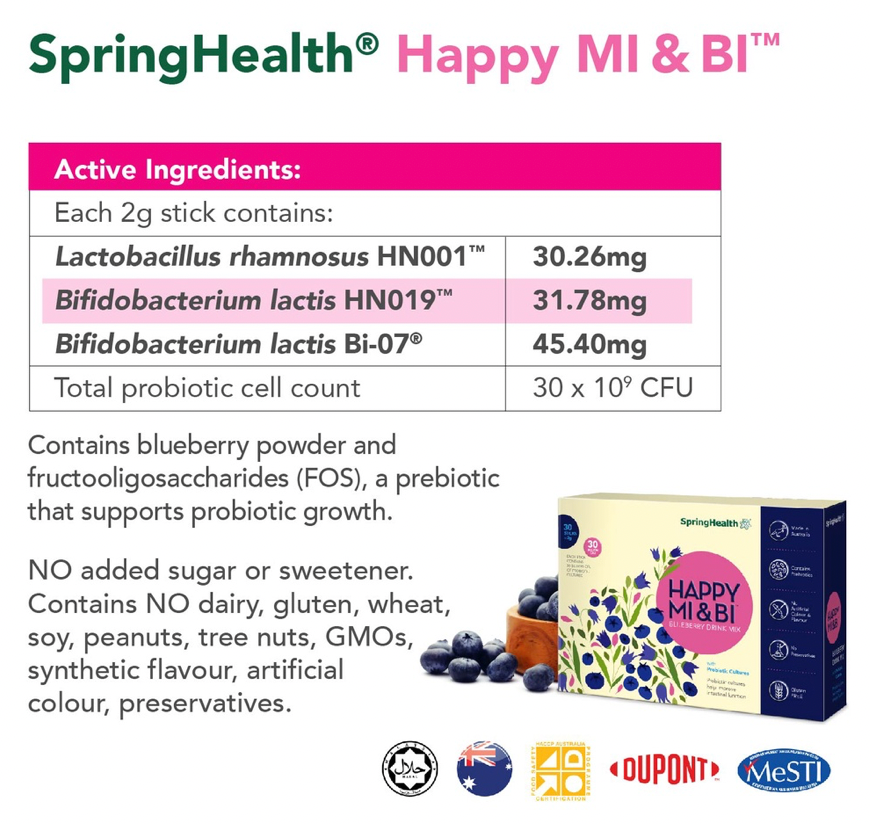 SpringHealth Happy Mi & Bi Blueberry Drink Mix with 30 Billion CFU Probiotic Cultures