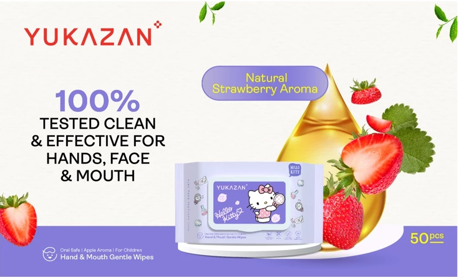 Yukazan Hello Kitty Kids Hand & Mouth Gentle Wipes 99.9% antibacterial (Strawberry Aroma) 50pcs